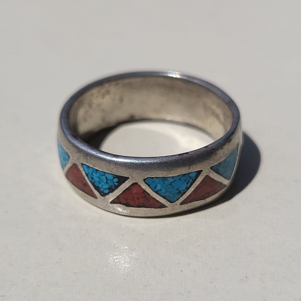 Vintage Sterling Silver Turquoise Coral Inlay Triangle Band Ring Size 7 Blue
